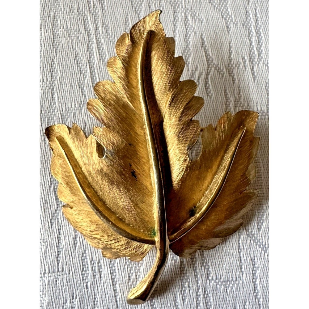 Vintage Gold Tone Leaf Brooch Signed Trifari Textured Mid Century Costume Jewel